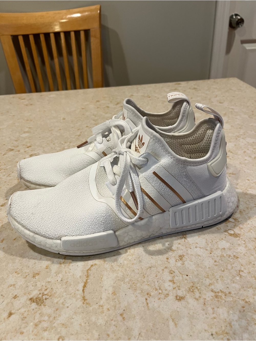 adidas women White Sneakers with Gold Stripes